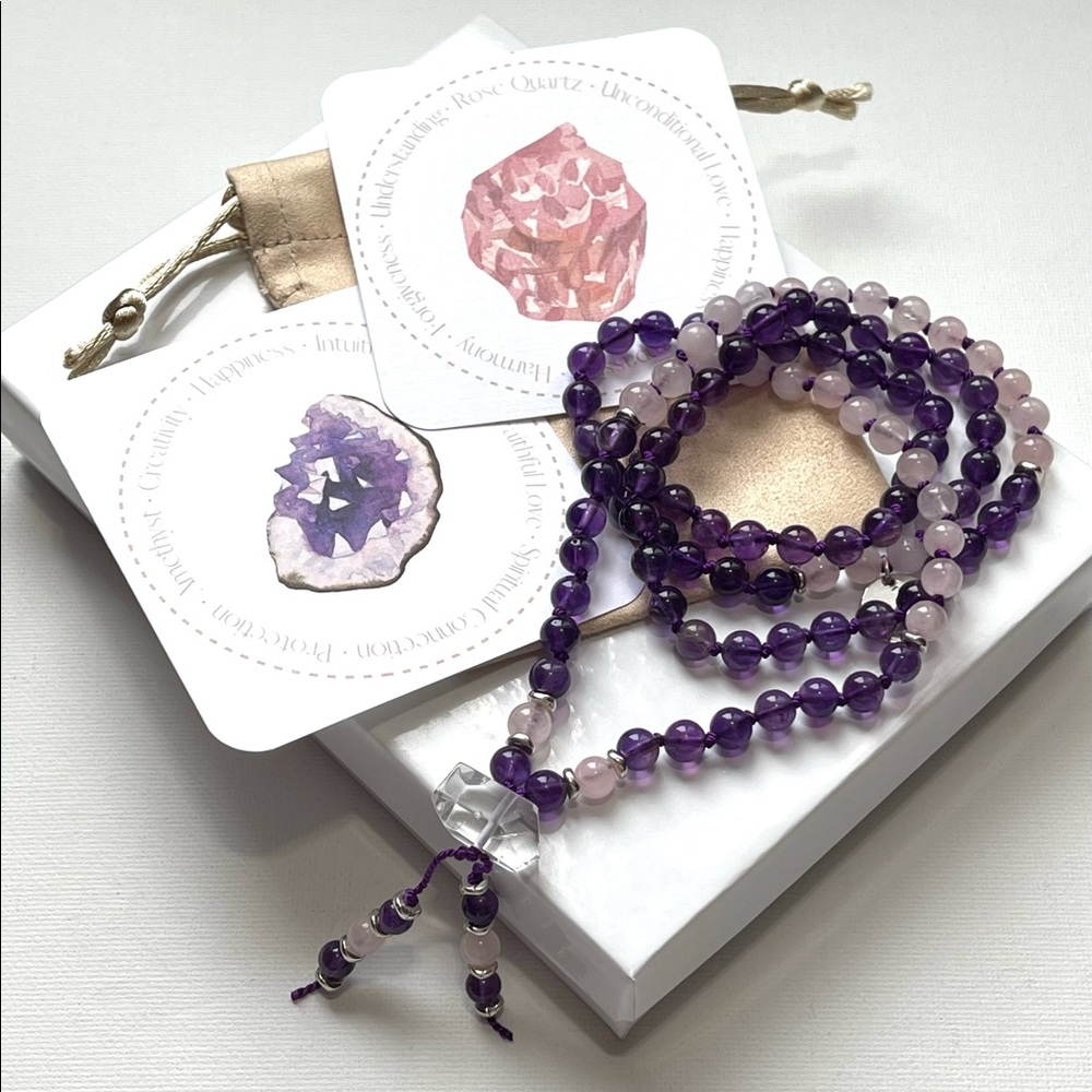 Mala Beads 108 / Genuine Amethyst & Rose Quartz Meditation Yoga Necklace